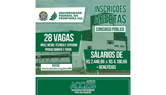 Estão abertas as inscrições para o Concurso Público da UFFS -Universidade Federal da Fronteira do Sul.